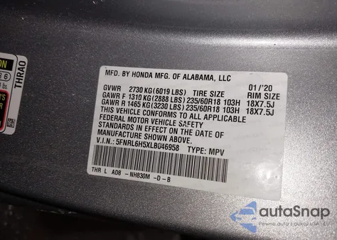 2020 Honda Odyssey Ex z USA, uszkodzony, nr VIN 5FNRL6H5XLB046958